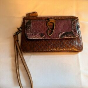 WOMEN'S VINTAGE JESSICA SIMPSON BROWN PURPLE WRISTLET WALLET CROC EMBOSSED